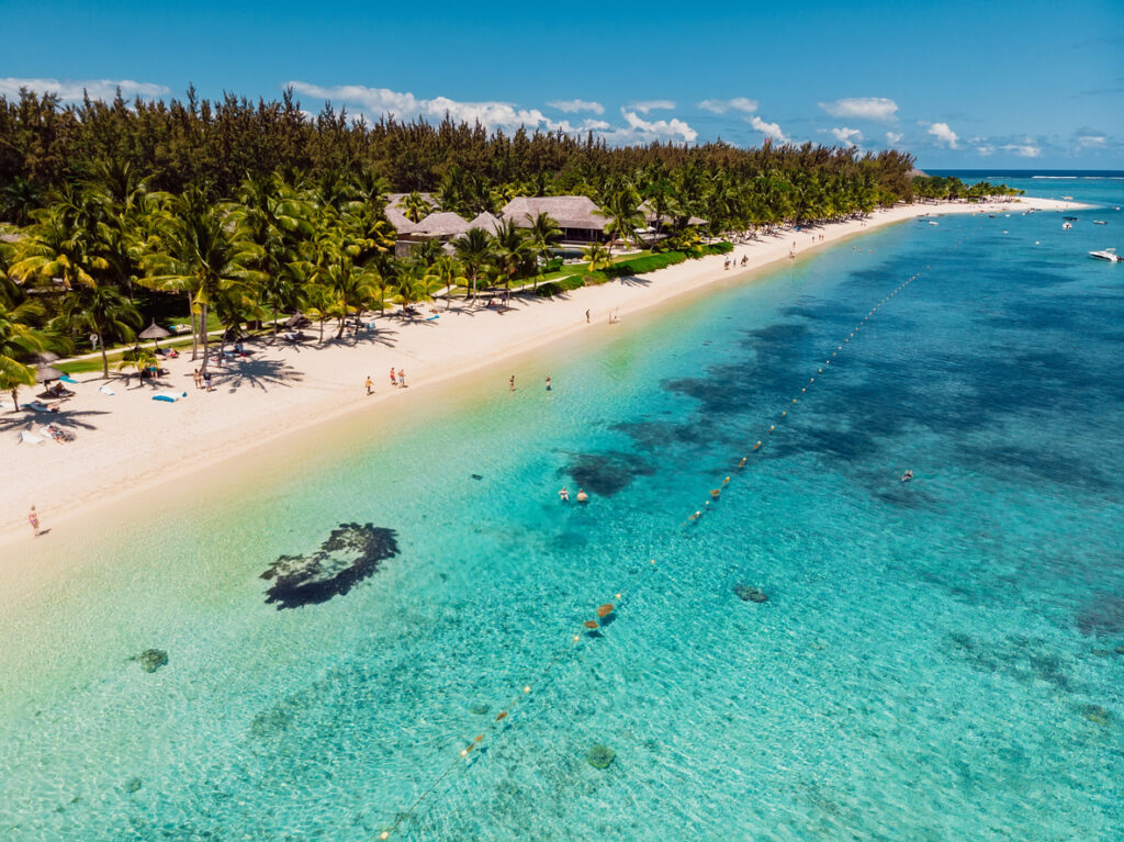 luxury tropical beach in mauritius. sandy beach with palms and blue transparent ocean. aerial view