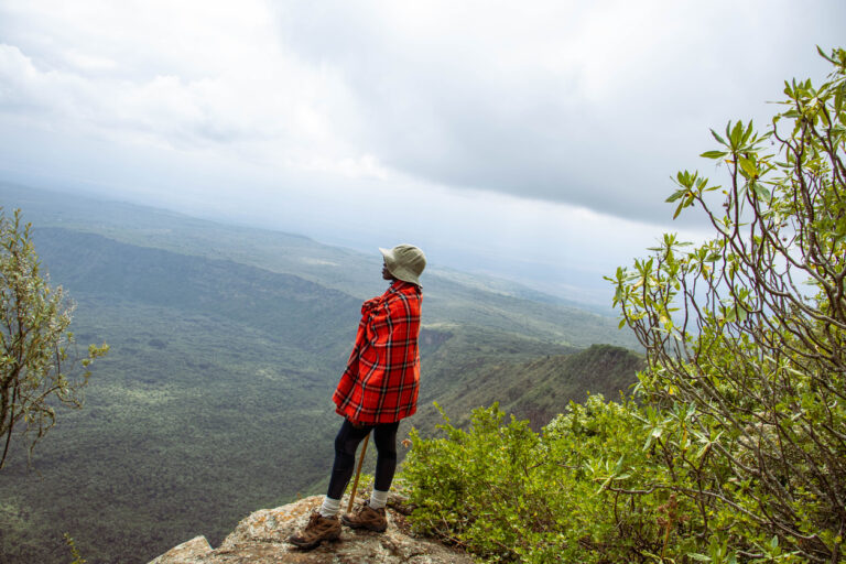 a hiker standing at the peak of a mountain looking at a volcanic crater